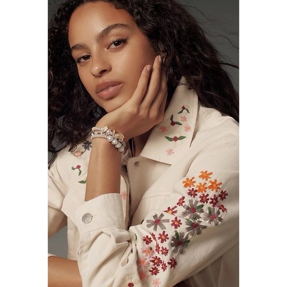 dolan Jackets & Blazers - Dolan Women's Floral Embroidered Cream Cotton Trucker Jacket Sz L